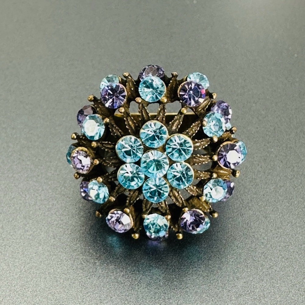 Heidi Daus Flower Ring Size 6-1/4 Aqua & Tanzanite Swarovski Crystals